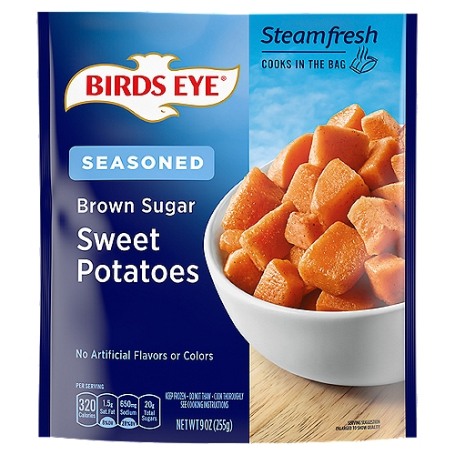 Birds Eye Steamfresh Seasoned Brown Sugar Sweet Potatoes, 9 oz
Birds Eye Steamfresh Seasoned Brown Sugar Sweet Potatoes frozen vegetables make it simple and easy for the whole family to enjoy their vegetables. These frozen sweet potatoes are seasoned with brown sugar. Birds Eye seasoned potatoes make a tasty addition to any meal. Your family deserves the best when it comes to eating vegetables, and that's why there are no artificial flavors or colors added. Enjoy these sweet potatoes as a side dish at dinnertime for a serving of vegetables. Preparation is easy; microwave right in the bag for up to 6 minutes or prepare on the stove top for less than 10 minutes. Keep the 9 ounce bag of seasoned sweet potatoes fresh in the freezer until you are ready to enjoy. It's good to eat vegetables, so Birds Eye makes vegetables good to eat.