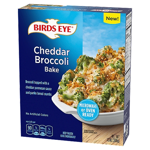 Birds Eye Cheddar Broccoli Bake, 13 oz
Broccoli Topped with a Cheddar Parmesan Sauce and Panko Bread Crumbs