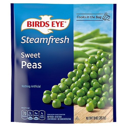 Birds Eye Steamfresh Sweet Peas make dinner prep easy with a quick, delicious vegetable side. Picked at the peak of freshness, these frozen peas are flash frozen to lock in the sweet and fresh flavor. These frozen vegetables contain nothing artificial to give you a side dish with only the best. Enjoy the frozen sweet peas as a side dish with your favorite meals or add them into casseroles. It's easy to prepare these peas; just microwave the frozen vegetable in the bag for up to 7 minutes or cook them on the stove in 5 minutes. Store the 10 ounce bag in the freezer until you're ready to cook it. It's good to eat vegetables, so Birds Eye makes vegetables good to eat.