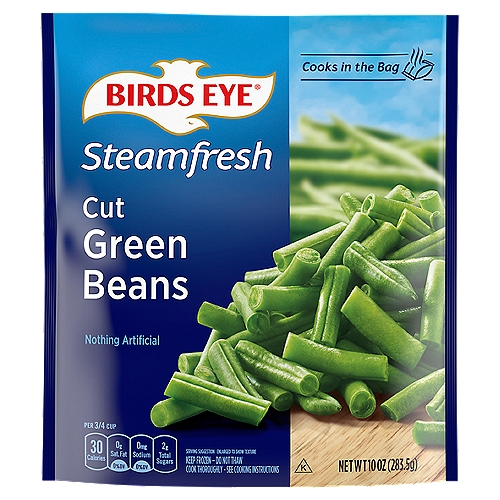 Birds Eye Steamfresh Cut Green Beans offer a simple and delicious way for your whole family to enjoy vegetables. Specially selected green beans are picked at the peak of freshness and flash frozen to lock in flavor. These frozen cut green beans are made with nothing artificial, so your family can enjoy only the best in a flavorful frozen vegetable. Serve these frozen green beans as a side to your favorite main dishes, or use them in recipes for green bean casserole. Preparing these frozen vegetables is simple. Just microwave them in the bag for up to 8 minutes or cook them on the stovetop in under 10 minutes. Keep this 10 ounce bag of green beans in the freezer until you're ready to serve them. It's good to eat vegetables, so Birds Eye makes vegetables good to eat.