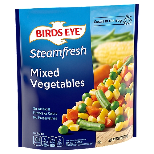 Birds Eye Steamfresh Mixed Vegetables, 
Birds Eye Steamfresh Mixed Vegetables give your family a delicious vegetable side dish with less work. Flash frozen for fresh flavor, these mixed veggies contain corn, carrots, green beans and peas for a classic vegetable mix. These frozen mixed vegetables are made without artificial flavors, colors or preservatives to give you only the best. Enjoy the steamable vegetables as an easy side, or add them to casseroles. Preparation is easy; just microwave the frozen vegetables in the bag for up to 6 minutes or cook on the stove in under 9 minutes. Keep the 10 ounce bag in the freezer until you're ready to cook it. It's good to eat vegetables, so Birds Eye makes vegetables good to eat.