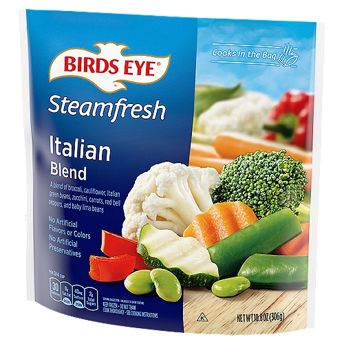 Birds Eye Steamfresh Italian Blend, 10.8 oz
A blend of broccoli, cauliflower, Italian green beans, zucchini, carrots, red bell peppers, and baby lima beans
