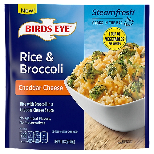 Birds Eye Steamfresh Cheddar Cheese Rice & Broccoli, 10.8 oz
Take your side dish game to the next level with Birds Eye Steamfresh Cheddar Cheese Rice & Broccoli. This frozen side dish combines rice with broccoli in a cheddar cheese sauce for a delicious dinner side dish or quick and easy addition to lunch. It contains no artificial flavors and no preservatives, and packs 1 cup of vegetables into each serving. The handy, microwavable Steamfresh bag saves time and creates less mess by cooking the rice and veggies directly in the bag. Birds Eye: A New Twist on Veggies.