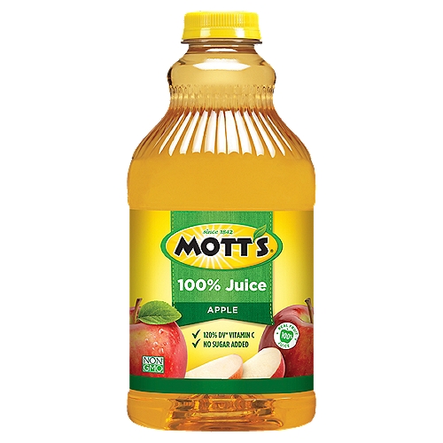 Mott's Apple 100% Juice
Non GMO†
†Non-GMO/GE. Certified by NSF. www.nsfnongmo.org

✓ 2 servings of Fruit** per 8 Fl Oz
**Provides 2 Servings of Fruit per 8 Fl Oz. Current USDA Dietary Guidelines Recommend a Daily Intake of 2 Cups of Fruit for a 2,000 Calorie Diet. 1 Serving = 1/2 Cup