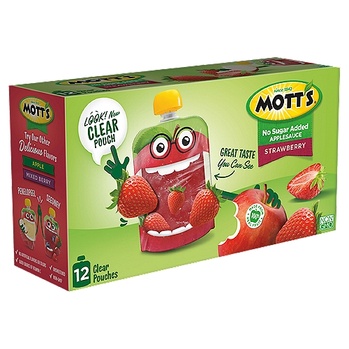 Mott's Strawberry No Sugar Added Applesauce, 12 count
Non GMO†
†Non-GMO/GE. Certified by NSF

Mott's Applesauce, the perfect naturally delicious snack for growing minds.