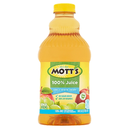 Mott's Apple White Grape 100% Juice, 64 fl oz
100% Juice from Concentrate with Added Ingredients

2 servings of fruit* per 8 fl oz
*Provides 2 servings of fruit per 8 fl oz. Current USDA dietary guidelines recommend a daily intake of 2 cups of fruit for a 2,000 calorie diet. 1 serving = 1/2 cup