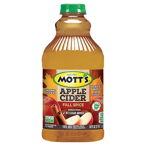 Mott's Fall Spice Apple Cider 100% Juice, 64 fl oz
Non GMO†
†Non-GMO/GE, Certified by NSF.

2 Servings of Fruit* per 8 Fl Oz
*Provides 2 Servings of Fruit per 8 Fl Oz. Current USDA Dietary Guidelines Recommend a Daily Intake of 2 Cups of Fruit for a 2,000 Calorie Diet. 1 Serving = 1/2 Cup