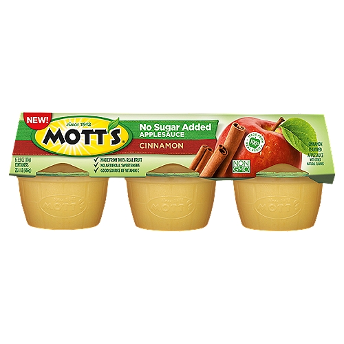 Mott's Cinnamon No Sugar Added Applesauce, 3.9 oz, 6 count
The original, delicious treat, Mott's No Sugar Added Cinnamon Applesauce is the perfect snack or meal companion. It's a good source of Vitamin C and free of cholesterol. Bringing the best of the orchard to your household, Mott's helps families enjoy delicious fruit goodness every day. The apple juice and sauce brand is dedicated to giving moms easy ways to help their families be their very best. Mott's has a strong heritage and has been the trusted apple juice and sauce brand since 1842. Mott's hold the apples to a very high standard, that's why the products pack lots of delicious fruit flavor from ripe apples into every serving. Enjoy Mott's in a variety of pack types including pouches, cups, jugs, juice boxes and jars; so whether you're home with your family or on-the-go and in need of a snack, Mott's has a product for you. You won't find any artificial flavors in Mott's products, so you can feel good about making healthy choices.