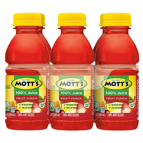 Mott's Fruit Punch 100% Juice, 8 fl oz, 6 count
The original, delicious treat, Mott's 100% Fruit Punch Juice is the perfect snack or meal companion. It's a good source of Vitamin C and free of cholesterol. Bringing the best of the orchard to your household, Mott's helps families enjoy delicious fruit goodness every day. The apple juice and sauce brand is dedicated to giving moms easy ways to help their families be their very best. Mott's has a strong heritage and has been the trusted apple juice and sauce brand since 1842. Mott's hold the apples to a very high standard, that's why the products pack lots of delicious fruit flavor from ripe apples into every serving. Enjoy Mott's in a variety of pack types including pouches, cups, jugs, juice boxes and jars; so whether you're home with your family or on-the-go and in need of a snack, Mott's has a product for you. You won't find any artificial flavors in Mott's products, so you can feel good about making healthy choices.