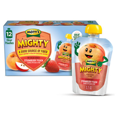Mott's Mighty Strawberry Peach Applesauce, 3.2 Oz Clear Pouches, 12 Pack