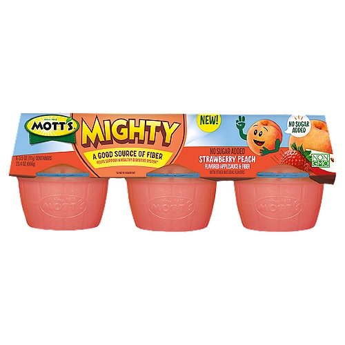 Mott's Mighty No Sugar Added Strawberry Peach Flavored Applesauce & Fiber, 3.9 oz, 6 count
Mott's understands that kids' bodies require a lot to be at their best. That's why Mott's Mighty products offer added benefits to help support kids as they grow. Our no sugar added Mott's Mighty Applesauce & Fiber Blends have a good source of fiber to help support a healthy digestive system and Mott's Mighty Juice Drinks have 50% less sugar than 100% juice, plus added vitamins A, C and E to help support a healthy immune system. So, whether you're looking for a delicious snack or beverage, Mott's Mighty has the delicious taste you expect from Mott's, all with no artificial flavors, colors or sweeteners. Apples have always nourished us, inspired us, and provided for us. Mott's provides the nutrition and taste of real fruit that families have trusted since 1842, when our founder - Samuel R. Mott's - began growing and packaging apples in New York. In the years since, Mott's commitment to apple excellence and high-quality products has continued to provide healthy, delicious juices and snacks. Treat your family to the mighty good tasting, and mighty good for you, Mott's Mighty Applesauce & Fiber Blends in Honeycrisp Apple, Strawberry Peach and Pineapple Banana flavors, and Mott's Mighty Juice Drinks in Soarin' Apple, Flying Fruit Punch and Incredible Tropical flavors.