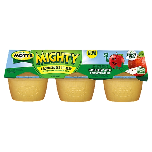 Motts Mighty No Sugar Added Honeycrisp Apple Flavored Applesauce & Fiber, 3.9 oz, 6 count
Mott's understands that kids' bodies require a lot to be at their best. That's why Mott's Mighty products offer added benefits to help support kids as they grow. Our no sugar added Mott's Mighty Applesauce & Fiber Blends have a good source of fiber to help support a healthy digestive system and Mott's Mighty Juice Drinks have 50% less sugar than 100% juice, plus added vitamins A, C and E to help support a healthy immune system. So, whether you're looking for a delicious snack or beverage, Mott's Mighty has the delicious taste you expect from Mott's, all with no artificial flavors, colors or sweeteners. Apples have always nourished us, inspired us, and provided for us. Mott's provides the nutrition and taste of real fruit that families have trusted since 1842, when our founder - Samuel R. Mott's - began growing and packaging apples in New York. In the years since, Mott's commitment to apple excellence and high-quality products has continued to provide healthy, delicious juices and snacks. Treat your family to the mighty good tasting, and mighty good for you, Mott's Mighty Applesauce & Fiber Blends in Honeycrisp Apple, Strawberry Peach and Pineapple Banana flavors, and Mott's Mighty Juice Drinks in Soarin' Apple, Flying Fruit Punch and Incredible Tropical flavors.