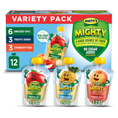 Mott's Mighty No Sugar Added Applesauce & Fiber Variety Pack, 3.2 oz, 12 count