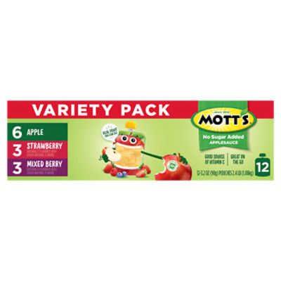 Mott's No Sugar Added Applesauce Variety Pack, 3.2 oz clear pouches, 12 count