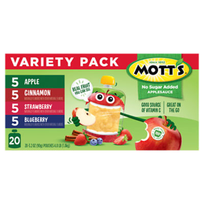 Mott's No Sugar Added Applesauce Variety Pack, 3.2 oz clear pouches, 20 count
