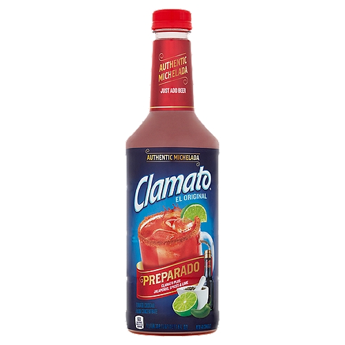 Clamato El Original Preparado Tomato Cocktail from Concentrate, 33.8 fl oz
Clamato® Preparado is the easiest way to make an authentic Michelada. We've taken Clamato® and added your favorite ingredients for Micheladas to create a perfect blend of spices, sauces, lime and jalapeños.

Authentic michelada