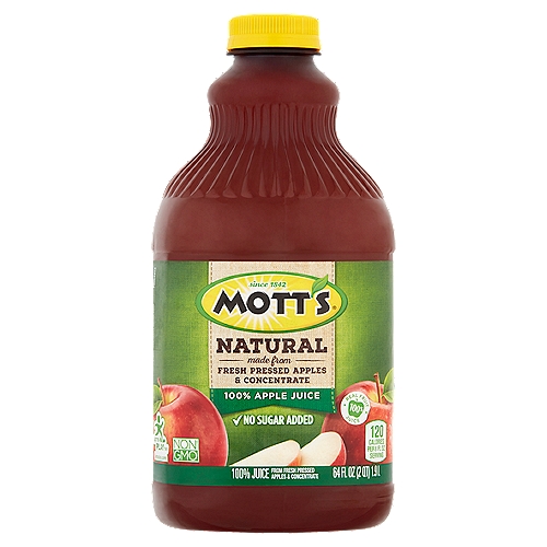 Mott's Natural 100% Apple Juice, 64 fl oz
100% Juice from Fresh Pressed Apples & Concentrate

2 servings of fruit* per 8 fl oz
*Provides 2 servings of fruit per 8 fl oz. Current USDA dietary guidelines recommend a daily intake of 2 cups of fruit for a 2,000 calorie diet. 1 serving = 1/2 cup