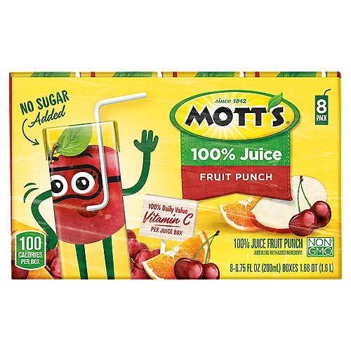 The original, delicious treat, Mott's 100% Fruit Punch Juice is the perfect snack or meal companion. It's a good source of Vitamin C and free of cholesterol. Bringing the best of the orchard to your household, Mott's helps families enjoy delicious fruit goodness every day. The apple juice and sauce brand is dedicated to giving moms easy ways to help their families be their very best. Mott's has a strong heritage and has been the trusted apple juice and sauce brand since 1842. Mott's hold the apples to a very high standard, that's why the products pack lots of delicious fruit flavor from ripe apples into every serving. Enjoy Mott's in a variety of pack types including pouches, cups, jugs, juice boxes and jars; so whether you're home with your family or on-the-go and in need of a snack, Mott's has a product for you. You won't find any artificial flavors in Mott's products, so you can feel good about making healthy choices.