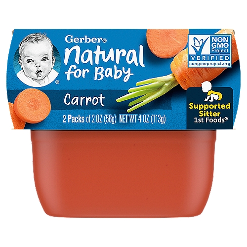Start your baby's lifelong love of vegetables with Gerber 1st Foods Carrot Baby Food. This non-GMO baby food stage 1 recipe includes 3/4 carrot in each tub and is unsweetened and unsalted with no artificial colors or flavors and no added starch. Gerber food has the perfect texture for introducing solids to supported sitters, and this single-variety vegetable Gerber carrot natural food is ideal for trying new tastes and checking for sensitivities. Tuck these convenient BPA-free tubs into your diaper bag so you can easily feed your supported sitter on the go. You can feed your little one straight from the baby food jar, or add some to a bowl and refrigerate the leftovers for up to two days. The health and safety of your little one has been and will always be Gerber's highest priority. We're a leader in infant nutrition, not just because we grow food that will feed your little one, but also because we know what nourishment your little one needs.nnThe Goodness Inside:n3/5 Carrot in each tubnThese carrots were grown using our Clean Field Farming™ practices