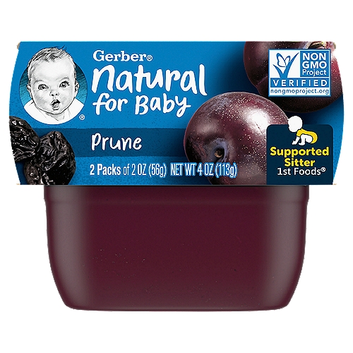 Start your baby's lifelong love of fruits with Gerber 1st Foods Prune Baby Food. This non-GMO baby food stage 1 recipe includes 2-3/4 prunes in each tub and is unsweetened with no artificial colors or flavors and no added starch. Help meet your baby's nutritional needs with this baby puree, which gives your child 2 grams of fiber in each tub. This baby food prune puree has an ideal texture for introducing solids to supported sitters, and the single-variety fruit puree is ideal for trying new tastes and checking for sensitivities. Tuck these convenient BPA-free tubs into your diaper bag so you can easily feed your supported sitter on the go. The health and safety of your little one has been and will always be Gerber's highest priority. We're a leader in infant nutrition, not just because we grow food that will feed your little one, but also because we know what nourishment your little one needs.nnThe Goodness Inside:n2 Prunes in each tubnThese prunes were grown using our Clean Field Farming™ practices