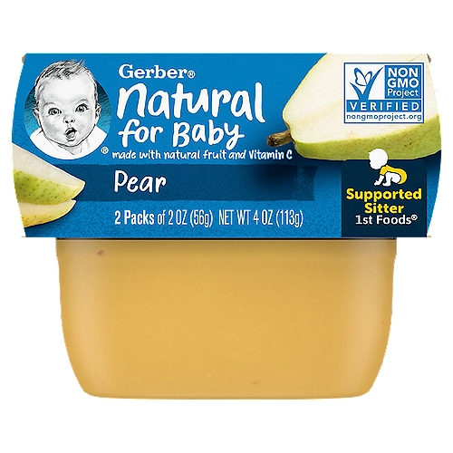 Start your baby's lifelong love of fruits with Gerber 1st Foods Pear Baby Food. This non-GMO baby food stage 1 recipe includes 1/3 pear in each tub and is unsweetened with no artificial colors or flavors and no added starch. Help meet your baby's nutritional needs with this baby puree, which gives your child 45% daily value of antioxidant vitamin C in each tub. This baby food pear puree has the perfect texture for introducing solids to supported sitters, and the single-variety fruit puree is ideal for trying new tastes and checking for sensitivities. Tuck these convenient BPA-free tubs into your diaper bag so you can easily feed your supported sitter on the go. The health and safety of your little one has been and will always be Gerber's highest priority. We're a leader in infant nutrition, not just because we grow food that will feed your little one, but also because we know what nourishment your little one needs.nnThese pears were grown using our Clean Field Farming™ practices