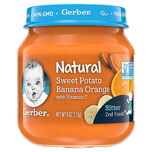 Gerber 2nd Foods Natural Sweet Potato Banana Orange Baby Food 4 oz. Jar
GROWING NUTRITION: Our 2nd Foods baby food recipes help expose babies to a variety of tastes & ingredients, which is important to help them accept new flavors. It's the perfect food for growing bodies!. NATURAL INGREDIENTS: This jar contains 20% Daily Value Vitamin C, & contains no added sweeteners or salt, no added starch, & no artificial flavors or colors. PUREED GOODNESS: Introduce your little one to the goodness of fruits, veggies & other wholesome ingredients. Our baby food is lovingly made & quality tested before it's good enough to be called Gerber. CLEAN FIELD FARMING: It's how we ensure our purees are not only nutritious, but also wholesome and safe for every tiny tummy. The health and safety of your little one has been and will always be Gerber's highest priority. We're a leader in infant nutrition, not just because we grow food that will feed your little one, but also because we know what nourishment your little one needs.