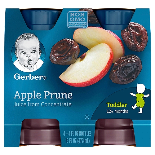 (Pack of 6) Gerber 100% Apple Prune Fruit Juice, 4 Fl Oz Bottles
Gerber 100% Apple Prune Juice is a delicious toddler drink option to keep in your fridge. The goodness in every bottle starts with the juice from 1/2 apple picked from trees, not from the ground, and 1 1/2 D'Agen prunes. Each bottle contains 100% fruit juice from concentrate with added vitamin C. Made with non-GMO ingredients, this Gerber juice is unsweetened with no artificial flavors or colors, and it delivers 100% daily value of vitamin C. These individual serving bottles of prune apple juice offer a convenient fruit drink option at home or on the go. Refrigerate the juice bottles after opening and use within 3 days of opening for maximum freshness. The health and safety of your little one has been and will always be Gerber's highest priority. We're a leader in infant nutrition, not just because we grow food that will feed your little one, but also because we know what nourishment your little one needs.

The goodness inside:
Juice from 1/2 apple in each bottle
Juice from 1 1/2 prunes in each bottle