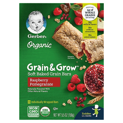 Gerber Grain & Grow Organic Soft Baked Grain Bars, Toddler, 12+ Months, 8 count, 5.5 oz
The good stuff.
No high fructose corn syrup
No preservatives
No artificial flavors or artificial sweeteners

Your toddler may be ready for Soft Baked Grain Bars if they:
• Stand alone and begin to walk alone
• Feed self easily with fingers
• Bite through a variety of textures