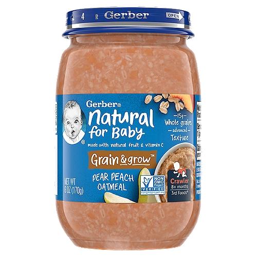 Gerber Grain & Grow Pear Peach Oatmeal Stage 3 Baby Food, 6 oz
Gerber Grain & Grow Pear Peach Oatmeal Stage 3 Baby Food has an advanced texture that's perfect for your crawler, so you and your baby can make the most of mealtime no matter who is holding the spoon. This non-GMO baby oatmeal is made with natural fruit, and it contains 15 grams of whole grains per serving, making it a wholesome choice for your little one. Perfect for babies ages 8 to 12 months, this Gerber baby food stage 3 is a thick puree with pieces of food that are just the right size to help your baby begin to manage multiple textures and transition to toddler food. Gerber baby food jars are easy to open and reseal, letting you refrigerate and save unused portions. The health and safety of your little one has been and will always be Gerber's highest priority. We're a leader in infant nutrition, not just because we grow food that will feed your little one, but also because we know what nourishment your little one needs.

This 3rd Foods® product is made with nutritious ingredients and can separate over time; make sure to mix it up before serving to your little one. The puree is thick, with pieces of food that are just the right size to help baby start to manage multiple textures and transition to toddler food.
