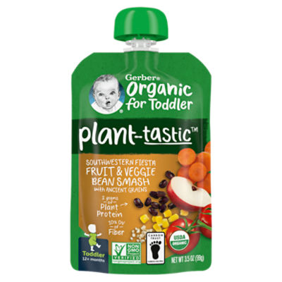 Gerber Plant-Tastic Organic for Toddler Fiesta Fruit&Veggie Bean Smash Baby Food, 12+ Months, 3.5 oz