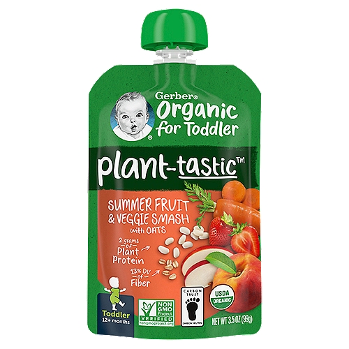 Gerber Plant-Tastic Summer Fruit & Veggie Smash with Oats Baby Foods, Toddlers, 12 Months, 3.5 oz
Nutritious, plant-based, and specially designed to provide 2 grams of protein with the taste toddlers will love.

2 3/4 tbsp fruit
3/4 tbsp veg puree
1/2 tbsp navy beans
3/4 tsp oats
In each pouch