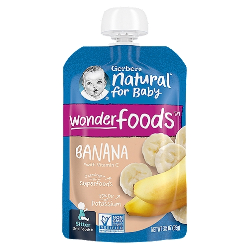 Gerber 2nd Foods Banana, 3.5 oz Pouch
Gerber 2nd Foods Banana baby food is a delicious fruit puree that makes feeding time a treat. All our natural baby food recipes are made with fruits that meet Gerber's high-quality standards. This baby food stage 2 recipe is made with a single-variety fruit, which is ideal for checking for sensitivities. Made with no artificial flavors or colors, this baby fruit puree helps meet your baby's nutritional needs. Gerber 2nd Foods help expose babies to a variety of tastes and ingredient combinations, which is essential to help them accept new flavors. These baby puree pouches have a clear window so you can see the goodness, and they tuck into a diaper bag so you can easily feed your sitter on the go. The health and safety of your little one has been and will always be Gerber's highest priority. We're a leader in infant nutrition, not just because we grow food that will feed your little one, but also because we know what nourishment your little one needs.

Natural* for baby
*with vitamin C

Big nutrition to help make every bite count. 2 servings of nutrient dense superfoods** per pouch. Never any added sweeteners, flavors or colors.
**2 servings superfoods fruit (banana). 1 fruit serving is 3 tbsp for babies.