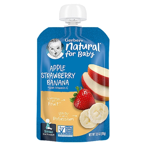 Gerber 2nd Foods Apple Strawberry Banana Baby Food, 3.5 oz Pouch
Gerber 2nd Foods Apple Strawberry Banana Baby Food is a delicious fruit puree that makes feeding time a treat. This baby food stage 2 recipe includes 1/2 apple, 3/4 strawberry and 2 teaspoons banana in each pouch for a tantalizing combination that has no artificial colors or flavors. Help meet your baby's nutritional needs with this baby fruit puree, which gives your child 45% daily value of antioxidant vitamin C per pouch. Gerber 2nd Foods apple strawberry and banana food helps expose babies to a variety of tastes and ingredient combinations with an age-appropriate texture, which is essential to help them accept new flavors. The health and safety of your little one has been and will always be Gerber's highest priority. We're a leader in infant nutrition, not just because we grow food that will feed your little one, but also because we know what nourishment your little one needs.

Natural* for baby
*With vitamin C

2 Servings of fruit**
**1 fruit serving is 3 tbsp for babies.

Gerber® Natural for Baby brings the goodness of naturally nutritious fruits selected and made with strict quality standards just for babies. No added sweeteners, colors or flavors.