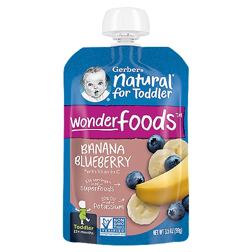 Gerber Banana Blueberry Baby Food, Toddler, 12+ Months, 3.5 oz
Give tiny hands big control for more goodness in them, than on them.
Includes:
2/3 banana
14 blueberries