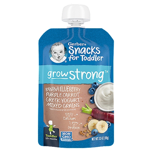 Gerber Grow Strong Mixed Grains Baby Food, Toddler, 12+ Months, 3.5 oz
Gerber grow strong™ Banana Blueberry, Purple Carrot, Greek Yogurt* Mixed Grains, Toddler,12+ Months
*Pasteurized After Culturing

Grow Strong™ raising the delight of dairy with the goodness of calcium and protein.

Support toddler's healthy growth with 15% DV of calcium and 2g of protein. No added sweeteners, flavors or colors.
3 1/2 tbsp fruit & veggies
1 tbsp Greek yogurt
1 1/2 tbsp cooked grains