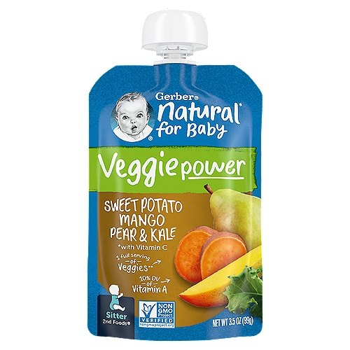 Gerber 2nd Foods Veggie Power Sweet Potato Mango Pear & Kale Baby Food, Sitter, 3.5 oz
Natural* for baby
*With vitamin C

1 full serving of veggies**
**1 veggie serving is 3 tbsp for babies.

Veggie power to encourage baby's love for veggies
Love for veggies to delight baby's tastebuds.
3 tbsp mango, 1/4 cup kale, 1 1/3 tbsp pear, 1/4 cup sweet potato in each pouch
