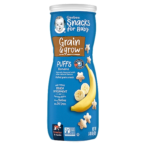 Gerber Snacks for Baby Grain & Grow Puffs Banana Puffed Grain Snack, Crawler 8+ Months, 1.48 oz
Grain & grow™ Puffs have 2g of whole grain goodness and 6 vitamins and minerals for growing babies & toddlers.

Gerber® Grain & grow™ Puffs have 20% DV of Iron and 30mg choline per serving for your little one to support brain development and learning ability.

Baby-Led friendly snacks can encourage your little one's independence while exploring new textures and developing feeding skills.

Your baby may be ready for Puffs if they:
• crawl without tummy on the floor
• start using fingers to eat
• start using jaw to mash food

Gerber® Grain & grow™ Puffs have 20% DV of Iron and 30mg choline per serving for your little one to support brain development and learning ability.