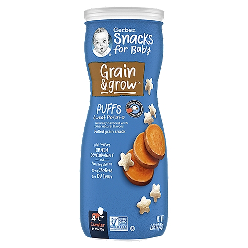 Make every little bite count with Gerber Puffs Cereal Snack.  Each serving is baked with 2 grams of whole grains, and 5 essential vitamins and minerals for babies.