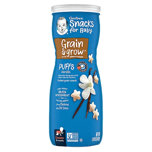 Gerber Grain & Grow Vanilla Puffs Puffed Grain Snack, Crawler, 8+ Months, 1.48 oz
Grain & Grow™ brings the goodness of whole grains and tailored nutrition

Grain & Grow™ Puffs have 2g of whole grain goodness and 6 vitamins and minerals for growing babies & toddlers.

Gerber Grain & Grow™ Puffs have 20% DV of iron and 30 mg choline per serving for your little one to support brain development and learning ability.

Baby-Led friendly snacks can encourage your little one's independence while exploring new textures and developing feeding skills.

Perfectly sized pieces, easy to pick up, and help develop baby's pincer grasp for self-feeding.

Your baby may be ready for Puffs if they:
• Crawl without tummy on the floor
• Start using fingers to eat
• Start using jaw to mash food