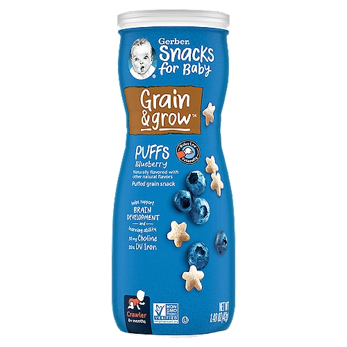 Gerber Grain & Grow Blueberry Puffs Snacks for Baby, Crawler, 8+ Months, 1.48 oz
Grain & grow™ brings the goodness of whole grains and tailored nutrition

Grain & grow™ Puffs have 2g of whole grain goodness and 6 vitamins and minerals for growing babies & toddlers.

Gerber® Grain & grow™ Puffs have 20% DV of Iron and 30 mg choline per serving for your little one to support brain development and learning ability.

Baby-Led friendly snacks can encourage your little one's independence while exploring new textures and developing feeding skills.

Melts quickly!
A first finger food that is melt-in-their-mouth good.

Perfectly sized pieces, easy to pick up, and help develop baby's pincer grasp for self-feeding.

Your baby may be ready for Puffs if they:
• Crawl without tummy on the floor
• Start using fingers to eat
• Start using jaw to mash food
