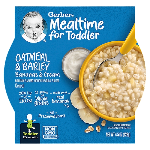 Gerber Oatmeal & Barley Bananas & Cream Cereal Baby Food, Toddler, 12+ Months, 4.5 oz
Simply the good stuff.