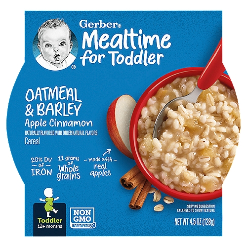 Gerber Breakfast Buddies Apple Cinnamon Hot Cereal is a great part of your toddler's breakfast. Made with the goodness of whole grain oats and real fruit, this Gerber cereal offers a warm apple cinnamon flavor to delight little taste buds with no artificial flavors. This Gerber barley cereal provides 20% daily value for iron, 25% daily value for zinc and 10% daily value for B vitamins, including thiamin, riboflavin, niacin, B6, B12 and folic acid. Designed with a spoon-hugging texture, Gerber apple cinnamon oatmeal is perfect for toddlers learning to self-feed. Gerber baby cereal is easy to heat and serve in the BPA-free trays for a quick addition to breakfast. Cover and refrigerate after opening and discard the unused portion of Gerber baby food after 2 days.