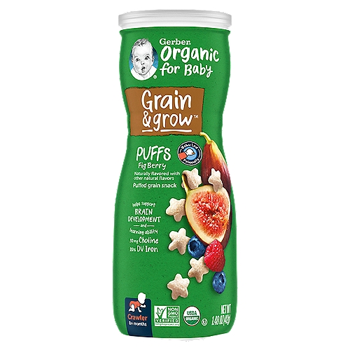 Gerber Organic Puffs Fig Berry Puffed Grain Snack, Crawler, 8+ Months, 1.48 oz
Your little one's first finger food
Melt-in-their-mouth good
Perfectly sized for picking up
Easily sticks to little fingers for learning to self feed

The good stuff.
2g of whole grains per serving
10% daily value of iron and vitamin E for babies
No artificial flavors or artificial sweeteners