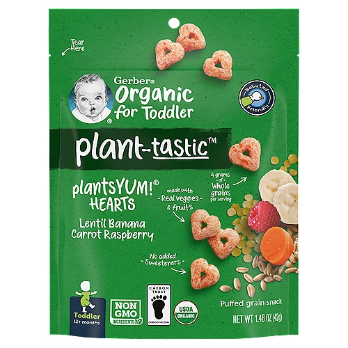 GERBER Plantastic Beanie Hearts Lentil Carrot Banana Raspberry 4x1.48ozUS
Puffed Grain Snack

PlantsYum!® Hearts

Nutritious plant-based ingredients, carefully selected to provide 4 grams of whole grains with a taste that toddlers love.

Baby-Led friendly snacks can encourage your little one's independence while exploring new textures and developing feeding skills.

Your toddler may be ready for this snack if they:
• stand alone and begin to walk alone
• feed self easily with fingers
• bite through a variety of textures
