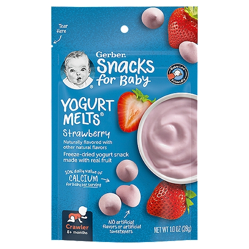 Gerber Strawberry Yogurt Melts, 1 Oz
Gerber Strawberry Yogurt Melts make snack time delicious with a snack that helps your little one learn to self feed. Made with the goodness of real yogurt and fruit, these Gerber baby snacks come in a classic strawberry flavor to appeal to little taste buds. With live and active cultures and a good source of vitamins A, C and E, these Gerber snacks combine the delicious taste little ones love with the wholesome nutrition parents love. Gerber yogurt melts are made without artificial flavors, artificial sweeteners or preservatives. Each Gerber yogurt melt bite melts in your little one's mouth and is easy to chew and swallow. These fruit and yogurt snacks are perfectly sized for crawlers to pick up. The health and safety of your little one has been and will always be Gerber's highest priority. We're a leader in infant nutrition, not just because we grow food that will feed your little one, but also because we know what nourishment your little one needs.

Snacks for baby

Gerber® Yogurt Melts® have 10% daily value of calcium and are with strict quality standards just for babies.

Perfectly sized pieces, easy to pick up, and help develop baby's pincer grasp for self-feeding.

Baby-Led friendly snacks can encourage your little one's independence while exploring new textures and developing feeding skills.

Crawler 8+ months
Your baby may be ready for Melts if they:
• Crawl without tummy on the floor
• Start using fingers to eat
• Start using jaw to mash food