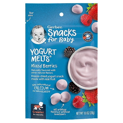 Gerber Mixed Berries Yogurt Melts, 1 Oz
Gerber Mixed Berries Yogurt Melts make snack time delicious with a freeze-dried yogurt snack that helps your little one learn to self-feed. Made with the goodness of real yogurt and fruit, these Gerber baby snacks come in a deliciously fruity mixed berries flavor to appeal to little taste buds. With live and active cultures and a good source of vitamins A, C and E, these Gerber snacks combine the delicious taste little ones love with the wholesome nutrition parents love. Gerber yogurt melts are made without artificial flavors, artificial sweeteners or preservatives. Each Gerber yogurt melt bite has a melt-in-your-mouth texture that's easy to chew and swallow. The health and safety of your little one has been and will always be Gerber's highest priority. We're a leader in infant nutrition, not just because we grow food that will feed your little one, but also because we know what nourishment your little one needs.

Gerber® Snacks for baby accompany every step of baby's journey at home or on the go.

Gerber® Yogurt Melts® have 10% daily value of calcium and are made with strict quality standards just for babies.

Baby-Led friendly snacks can encourage your little one's independence while exploring new textures and developing feeding skills.

Your baby may be ready for Melts if they:
• crawl without tummy on the floor
• start using fingers to eat
• start using jaw to mash food

Perfectly sized pieces, easy to pick up, and help develop baby's pincer grasp for self-feeding