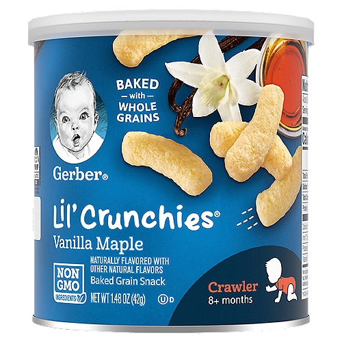 Gerber Lil Crunchies Vanilla Maple Baked Corn Baby Snacks, 1.48 Oz
Make every little bite count with whole grain snacks designed just for your older baby with Gerber Lil Crunchies Vanilla Maple Baked Corn Baby Snacks. This Gerber baby snack comes in a sweet vanilla maple flavor to introduce your little one to new tastes. Each serving of non-GMO baked snacks has 2 grams of whole grains and no artificial flavors or artificial colors. This Gerber snack has a meltable texture that dissolves easily and is easy to chew and swallow. Perfectly sized for older babies to pick up, these baby food snacks are an ideal finger food for your crawler. Feed these snacks to seated, supervised babies who are used to chewing solid foods. Use within five days after removing the seal on this reclosable container. The health and safety of your little one has been and will always be Gerber's highest priority. We're a leader in infant nutrition, not just because we grow food that will feed your little one, but also because we know what nourishment your little one needs.

Specially Designed for your little one
• Melts quickly
• Perfectly sized for learning to pick up
• Yummy taste babies love

The good stuff.
2g of whole grains per serving
No Artificial Flavors
No Synthetic Colors

Your baby may be ready for Lil' Crunchies® snacks if they:
• Crawl with stomach off the floor
• Begin to self-feed with fingers
• Begin to use jaw to mash food