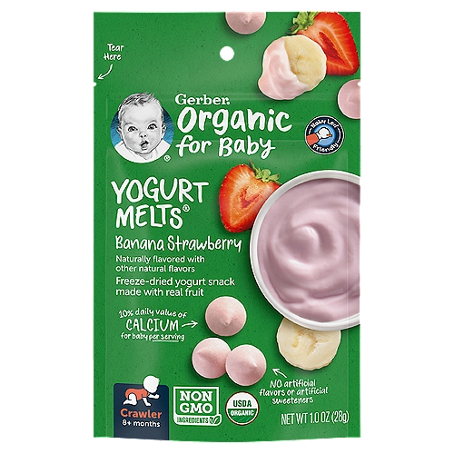 Gerber Yogurt Melts Organic Banana Strawberry Freeze-Dried Yogurt Snack, Crawler 8+ months, 1.0 oz
Baby-Led friendly snacks can encourage your little one's independence while exploring new textures and developing feeding skills.

Perfectly sized pieces, easy to pick up, and help develop baby's pincer grasp for self-feeding.

Your baby may be ready for Yogurt Melts® snacks if they:
• crawl without tummy on the floor
• start using fingers to eat
• start using jaw to mash food