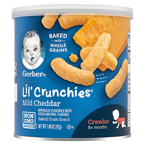Gerber Lil Crunchies Mild Cheddar Baked Corn Snacks, 1.48 Oz
Make every little bite count for your newly independent eater with Gerber Lil Crunchies Mild Cheddar Baked Corn Snacks. Baked with care, these naturally flavored mild cheddar snacks offer a delicious cheesy taste and a meltable texture that dissolves easily for your little one. Each serving of non-GMO baby food snacks is made with 5 grams of whole grain goodness and never any artificial flavors or artificial colors. Specifically designed for your little one, this Gerber snack is perfectly sized and shaped for little hands to pick up and has an ideal texture that is easy to chew and swallow. These snacks are perfect for crawlers 8 months and up who are used to chewing solid foods. The resealable canister keeps this baby snack fresh. The health and safety of your little one has been and will always be Gerber's highest priority. We're a leader in infant nutrition, not just because we grow food that will feed your little one, but also because we know what nourishment your little one needs.

Baked Grain Snack

Specially Designed for your little one
• Melts quickly
• Perfectly sized for learning to pick up
• Yummy taste babies love

The good stuff.
2g of whole grains per serving
No artificial flavors
No synthetic colors

Your baby may be ready for Lil' Crunchies® snacks if they:
• Crawl with stomach off the floor
• Begin to self-feed with fingers
• Begin to use jaw to mash food