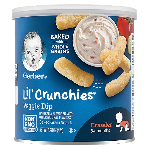 Gerber Lil' Crunchies Veggie Dip Baked Corn Baby Snacks, 1.48 Oz
Make every little bite count with a snack designed just for your older baby with Gerber Lil Crunchies Veggie Dip Baked Corn Baby Snacks. These Gerber baby snacks come in a delicious veggie dip flavor for new taste combinations your little one can experience. Each serving of non-GMO baked snacks is made with 5 grams of whole grains and 20% daily value of vitamin E. They never contain any artificial flavors or artificial colors. These Gerber snacks have a meltable texture that dissolves easily and is easy to chew and swallow. Perfectly sized for older babies learning to pick things up, these baby food snacks are an ideal finger food for teaching crawlers to self-feed. The health and safety of your little one has been and will always be Gerber's highest priority. We're a leader in infant nutrition, not just because we grow food that will feed your little one, but also because we know what nourishment your little one needs.

Baked Grain Snack

Specially Designed for your little one
• Melts quickly
• Perfectly sized for learning to pick up
• Yummy taste babies love

The good stuff.
2g of whole grains per serving
No artificial flavors
No synthetic colors

Your baby may be ready for Lil' Crunchies® snacks if they:
• Crawl with stomach off the floor
• Begin to self-feed with fingers
• Begin to use jaw to mash food